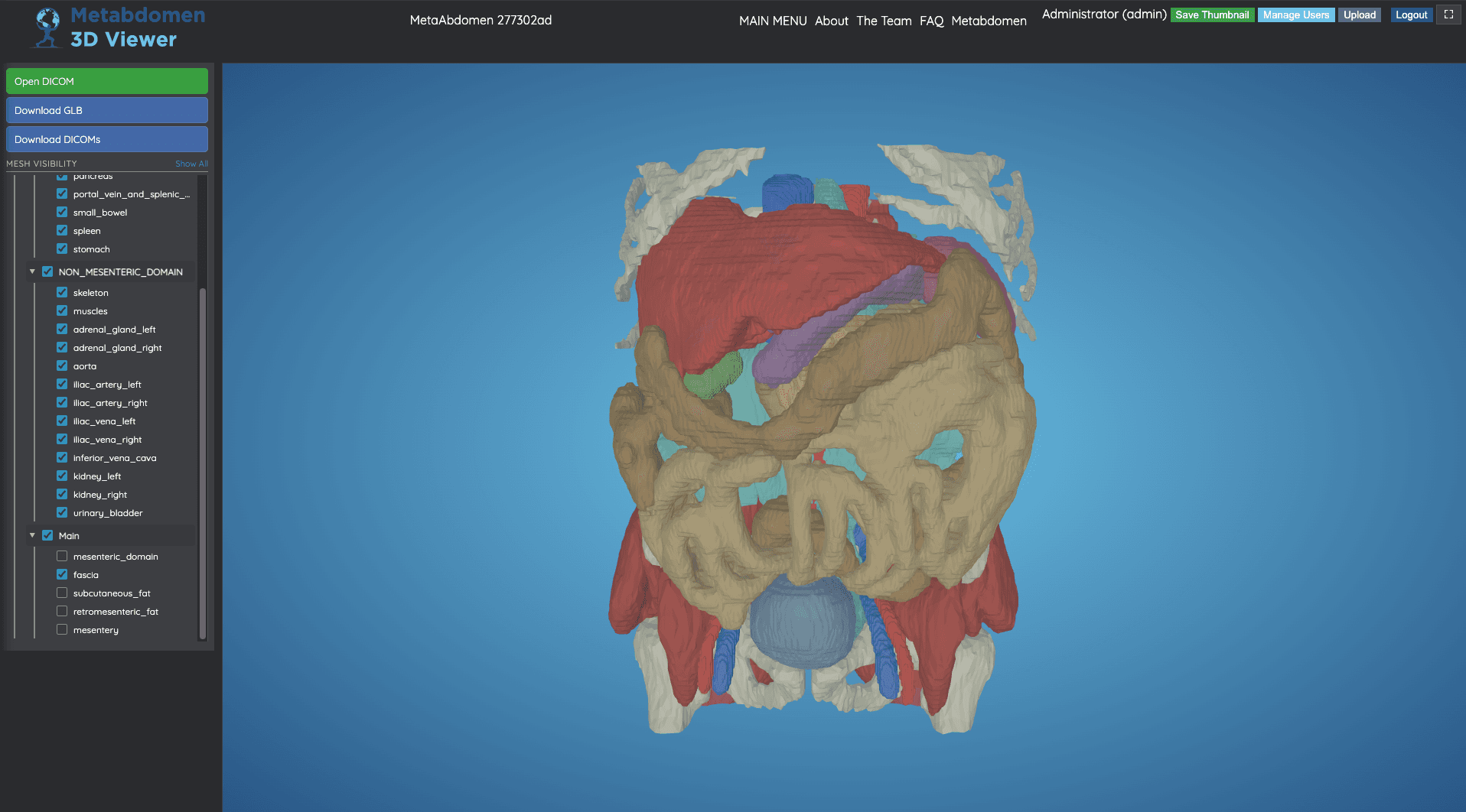 MetaAbdomen viewer displaying a coloured 3D abdominal model beside controls for showing and hiding anatomical structures.