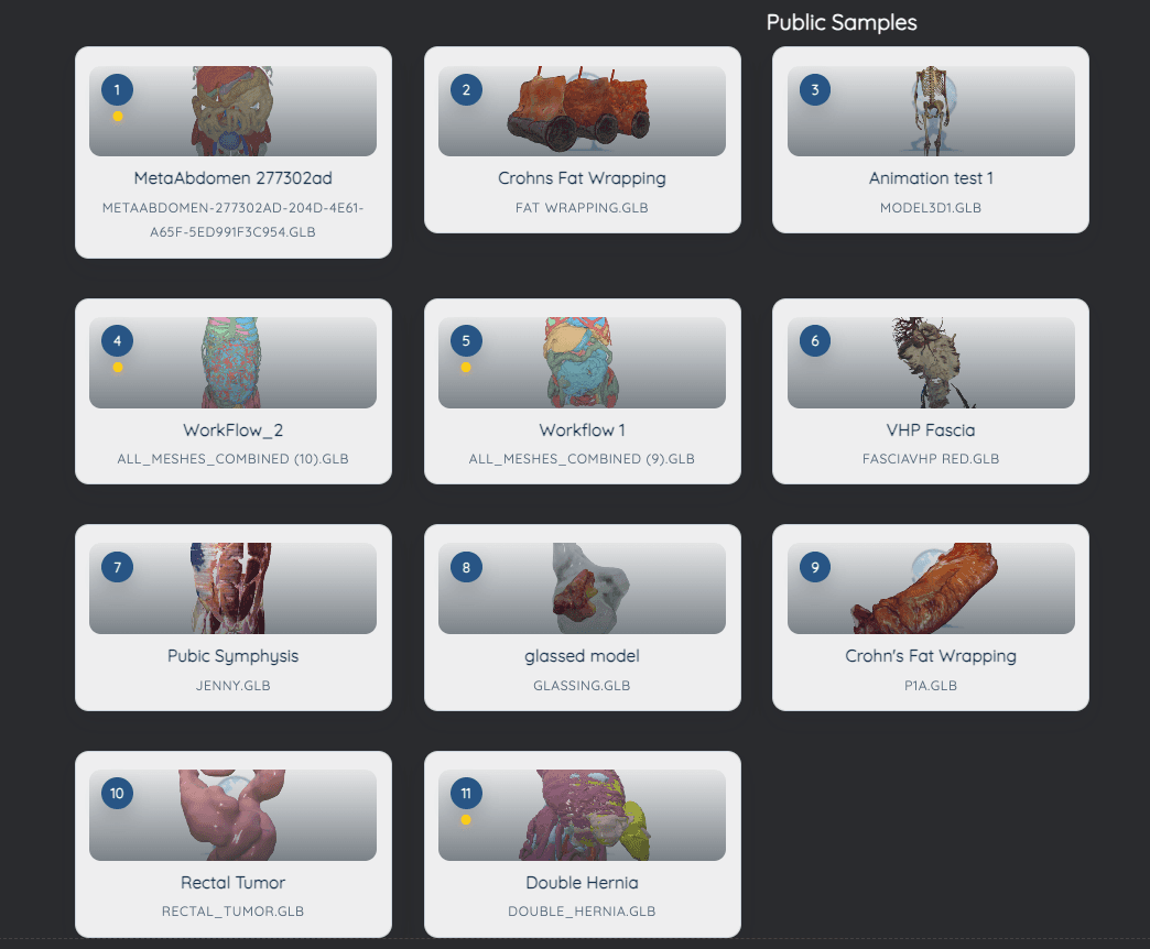 The Public Samples library showing a grid of model thumbnails and names.